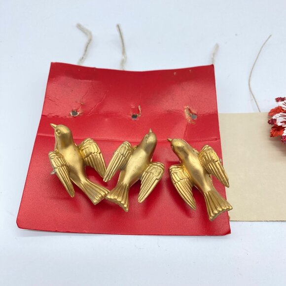 Vintage Christmas Decorative Picks Gold Birds Glittered Flowers Japan Set Of 5 - Picture 2 of 11